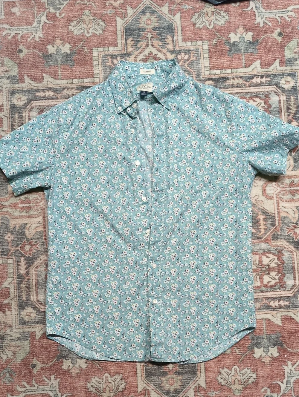 J. Crew Light Aqua Floral Short-Sleeve Button-Down Shirt